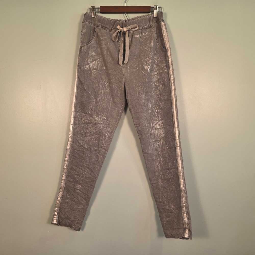 Tempo Paris Grey Metallic Side Stripe Jogger Pants 519N Italy Cotton Blend L